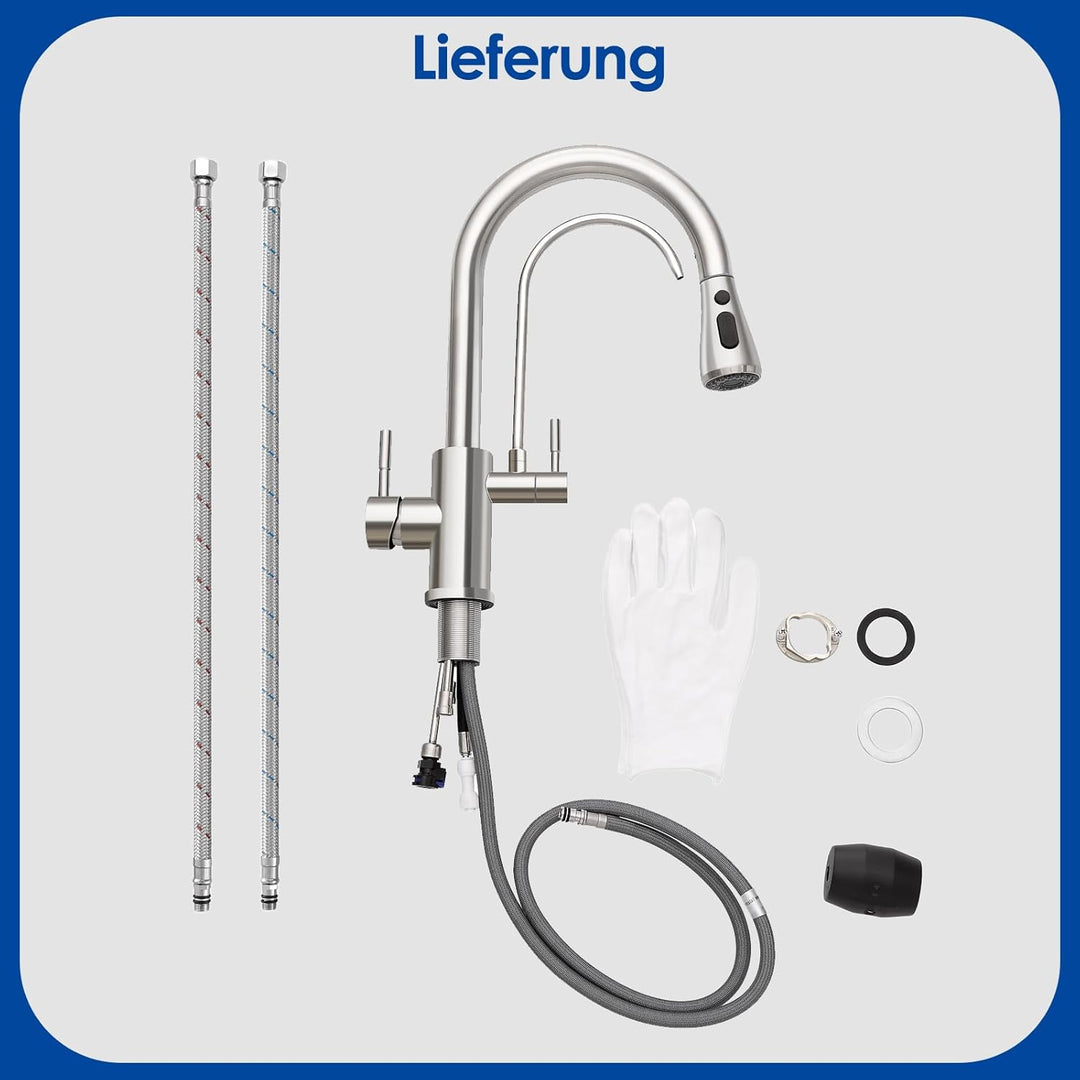 ROVOGO 3 Wege Wasserhahn Küche mit Filter, Hochdruck Küchenarmatur mit Brause Ausziehbar, Doppelhebe