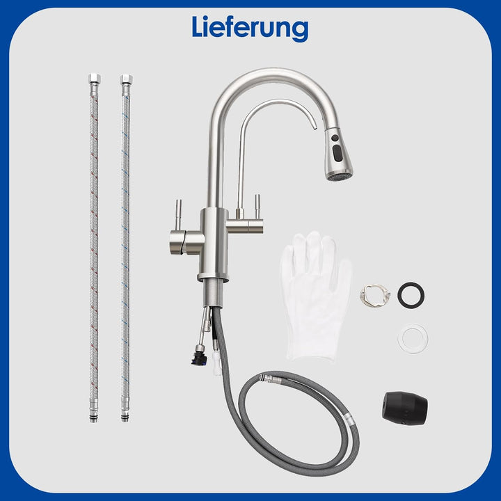 ROVOGO 3 Wege Wasserhahn Küche mit Filter, Hochdruck Küchenarmatur mit Brause Ausziehbar, Doppelhebe
