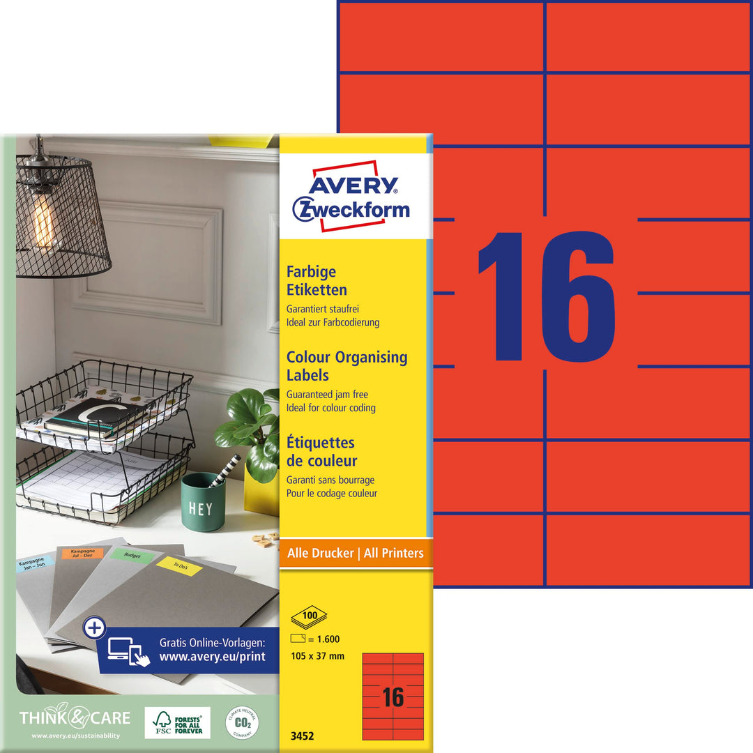 AVERY Zweckform 3452 Rote Etiketten (1.600 Aufkleber, 105x37mm auf A4, permanent haftend, selbstkleb