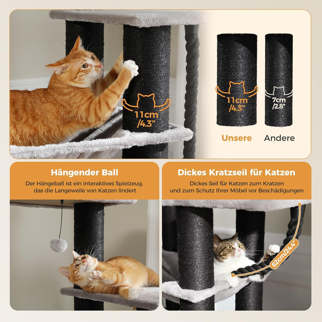 PAWZ Road Kratzbaum Grosse Katzen stabil mit Mehreren Ebenen, Hängematte, 13 Sisalpfosten(φ11cm), Gr
