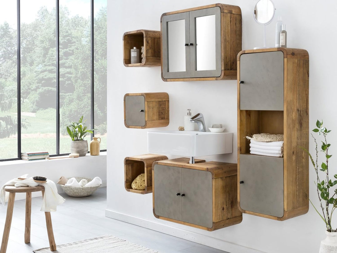 Woodkings® Badregal Dingle 30x30 Holz Pinie Natur rustikal und MDF in Betonoptik grau Badregal Regal