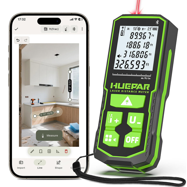 Huepar Laserdistometer 328Ft(100M) mit wiederaufladbaren Akku und Doppelwinkel–Display, Lasermessung