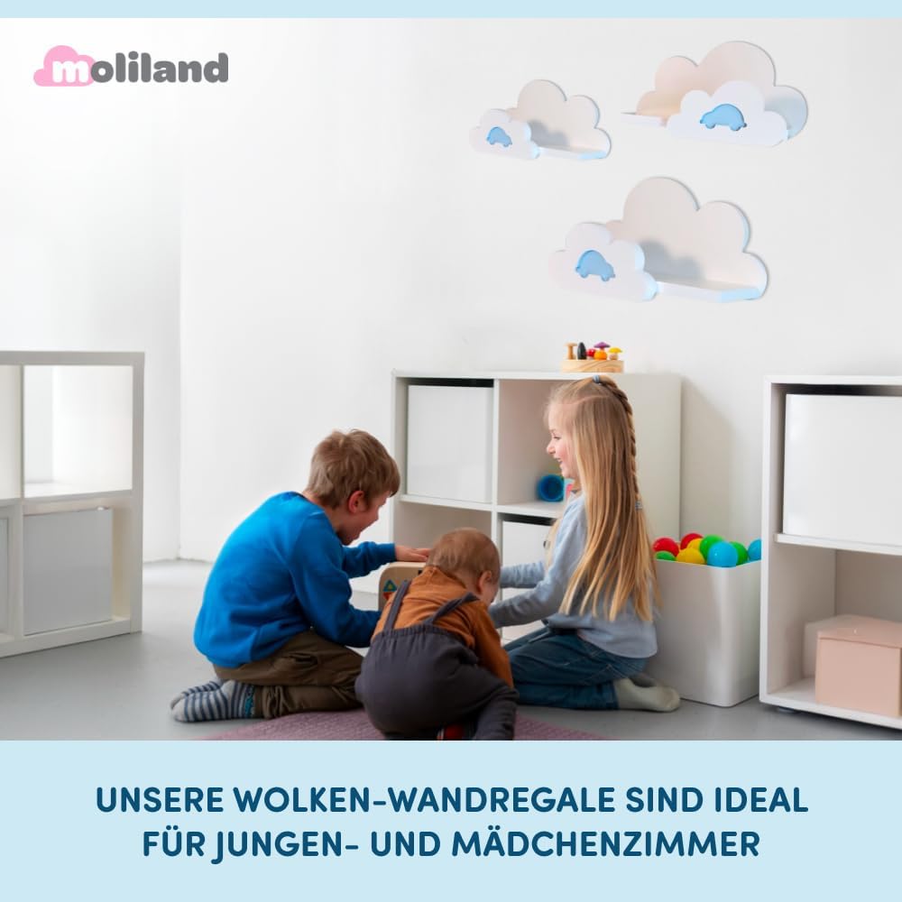3er Set Wandregal Kinderzimmer Weiss | Babyzimmer Wolkenregal für Bücher, Spielzeug und Dekoration |