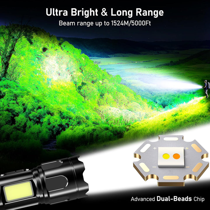 Blukar Taschenlampe LED 2 Farbtemperatur mit Hauptlicht & Seitlich COB-Licht, Aufladbar Extrem Hell