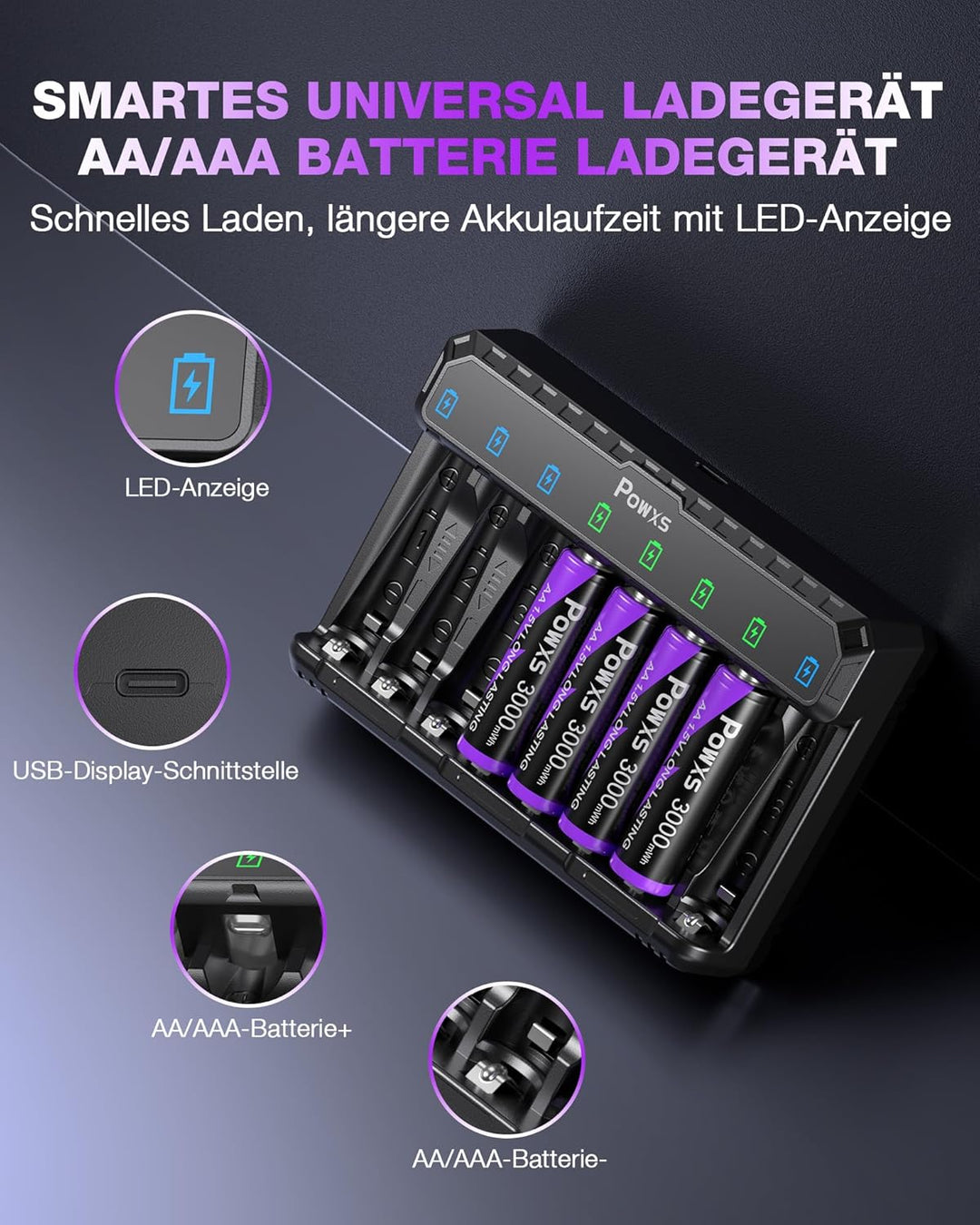 POWXS 1.5V Lithium Akku AA 8-Pack 2000 Zyklen & Stahlgehäuse, 3000mWh,mit USB Schnelladegerät, Kompa