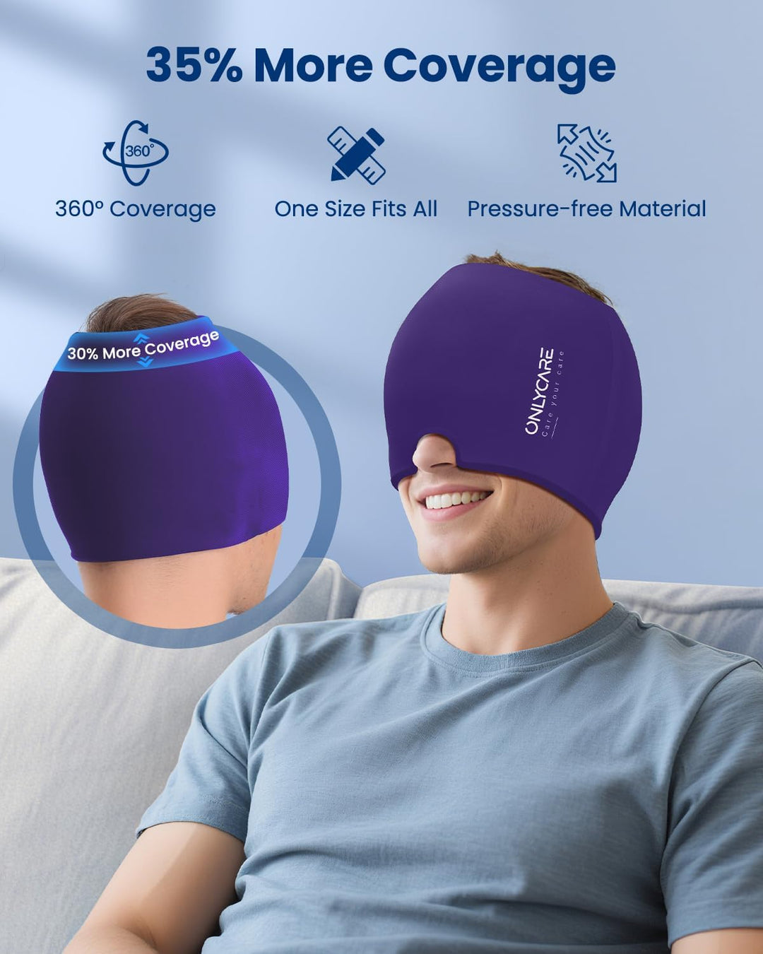 ONLYCARE Migräne Maske, Upgraded Kühlmaske Schlafmaske Kühlmütze Kühlhaube 360° Gel Surround kühlpad