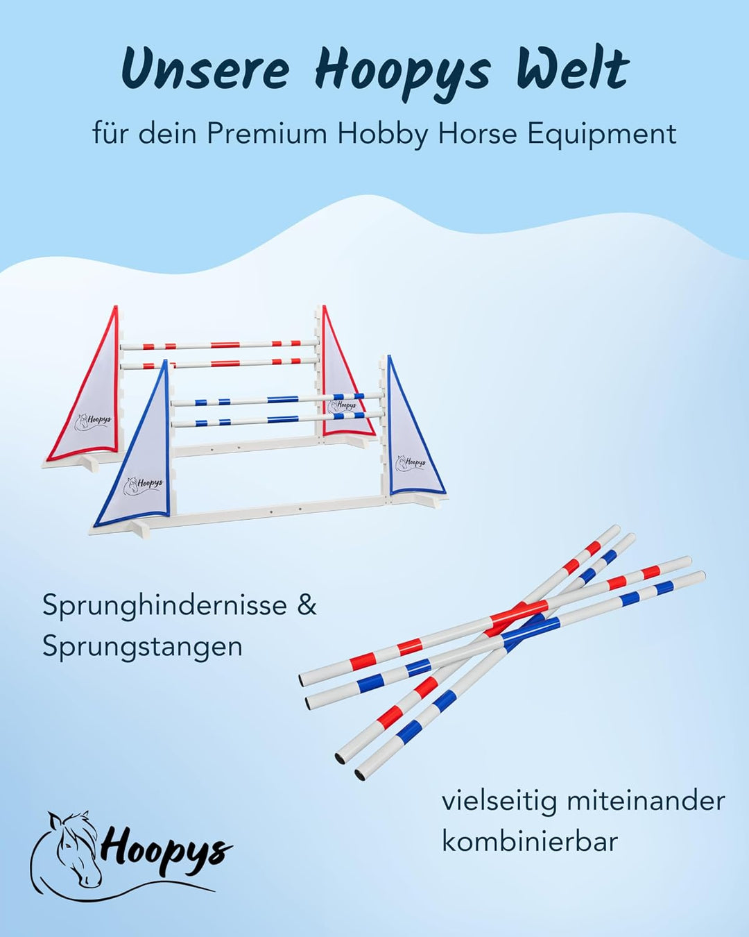 Hobby Horse Hindernis aus Holz - blau - mit zwei Sprung Stangen - Steckenpferd Spielzeug für den Gar