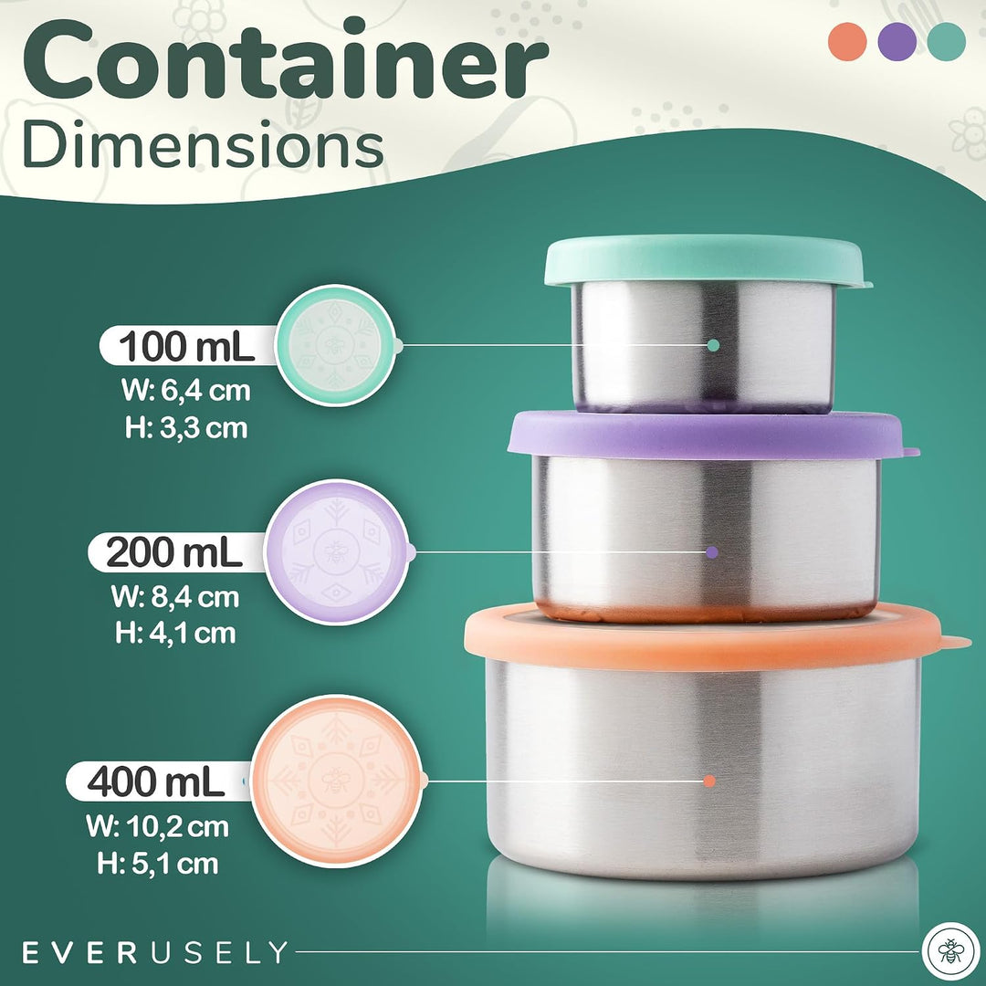 Everusely – Snackboxen aus Edelstahl – 3er-Pack, Sorbet – auslaufsichere Silikondeckel – kleine Lunc