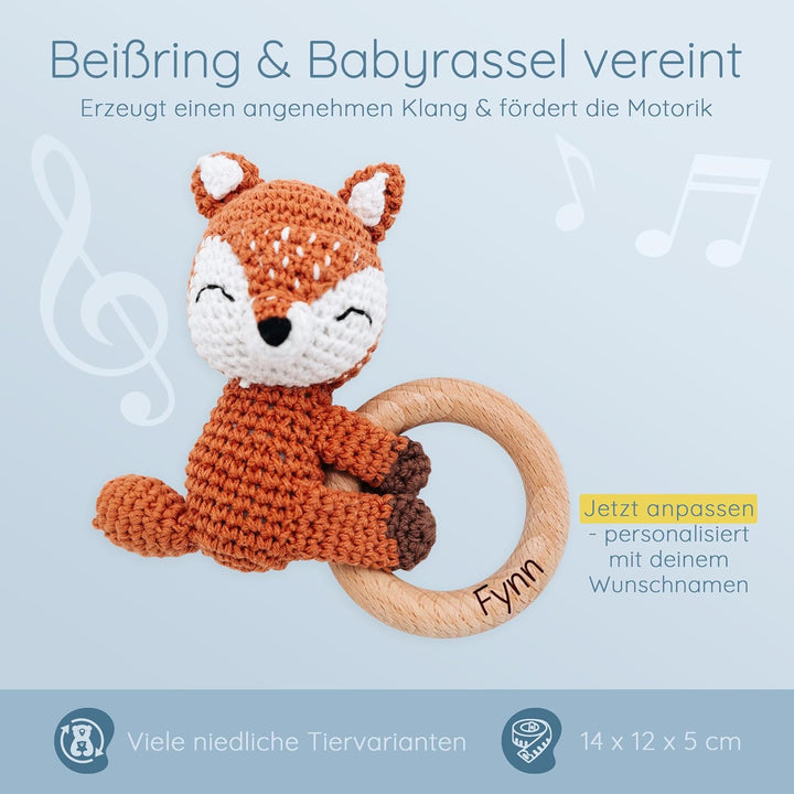 Personalisierter Beissring Baby - Niedlicher Greifling für Baby's ab 0 Monate - Babyrassel mit Name