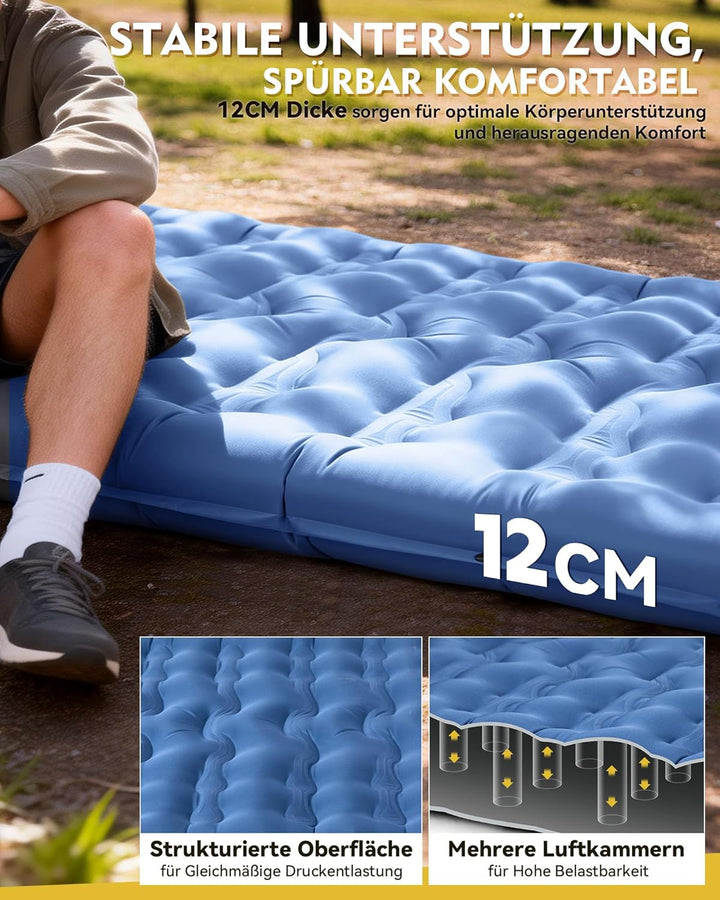 HIKENTURE Isomatte Camping, 12CM Ultradicke Isomatte Ultraleicht mit Kissen, Aufblasbare Matratze Kl