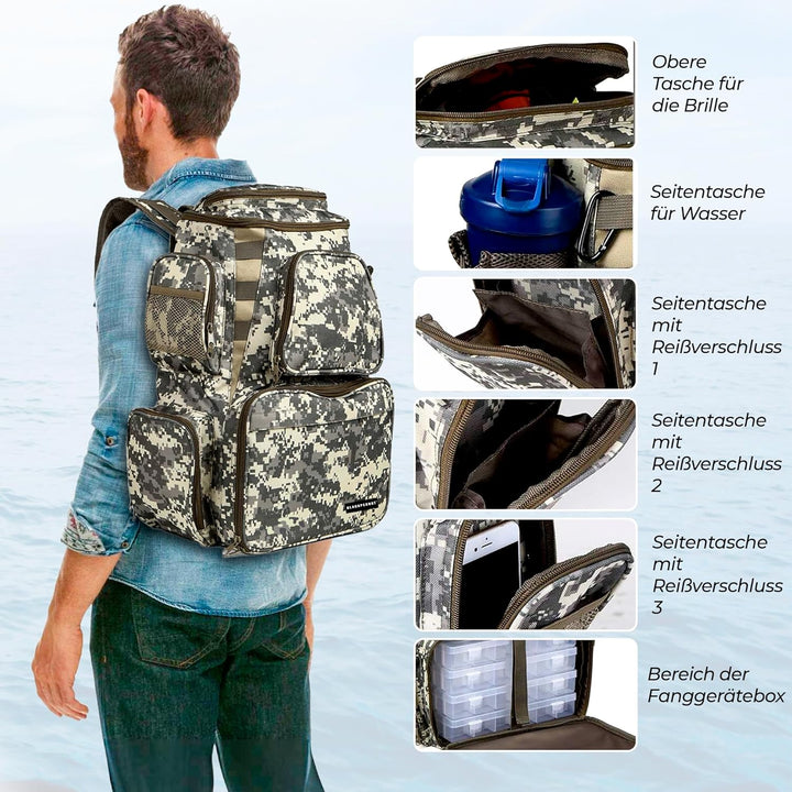 Angelrucksack mit Boxen - AngelnTasche, Angelrucksack, Inklusive 4 Tackleboxen, Zum Organisieren Auf