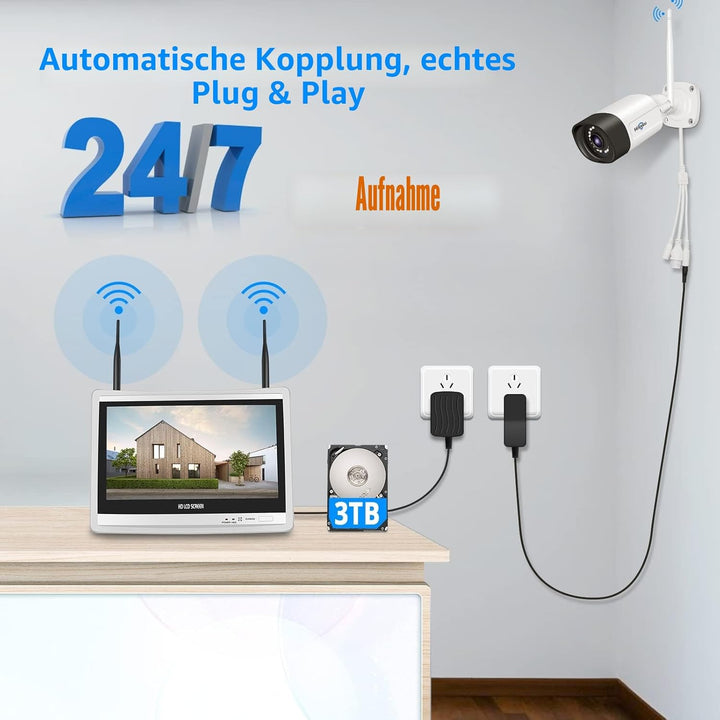 【5MP+3TB Festplatte】 Hiseeu Überwachungskamera Set Aussen WLAN mit 12''Monitor 10CH Wireless NVR,4 P
