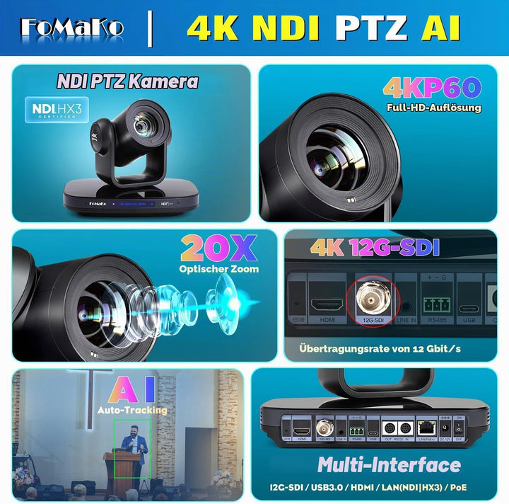 FoMaKo 12G-SDI 4K 60FPS NDI PTZ Kamera, 20X optischer Zoom, 4KP60 AI Auto-Tracking Gen 3, 1/1.8 UHD