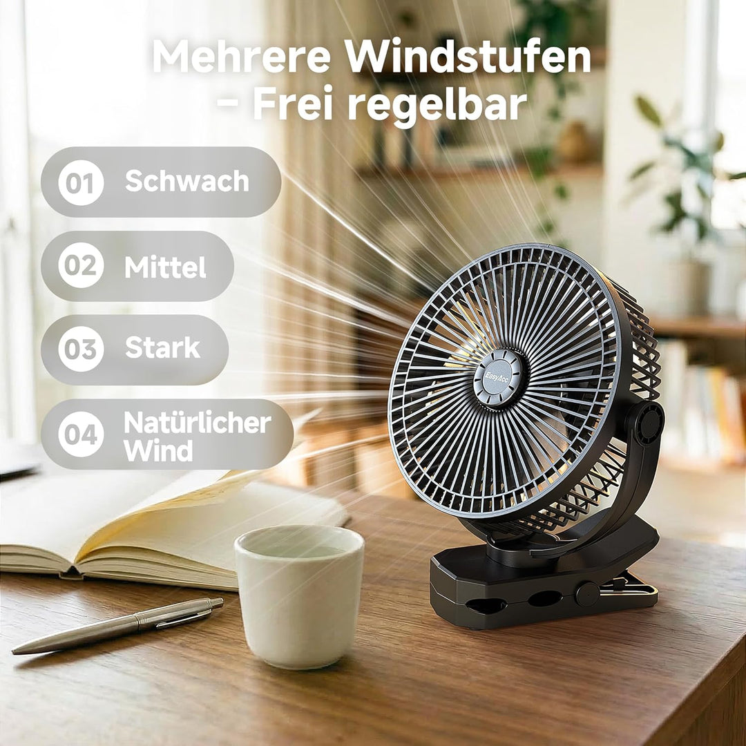 EasyAcc 10000mAh Oszillierender Clip Ventilator, 160° automatischer horizontale Schwenk USB Ventilat