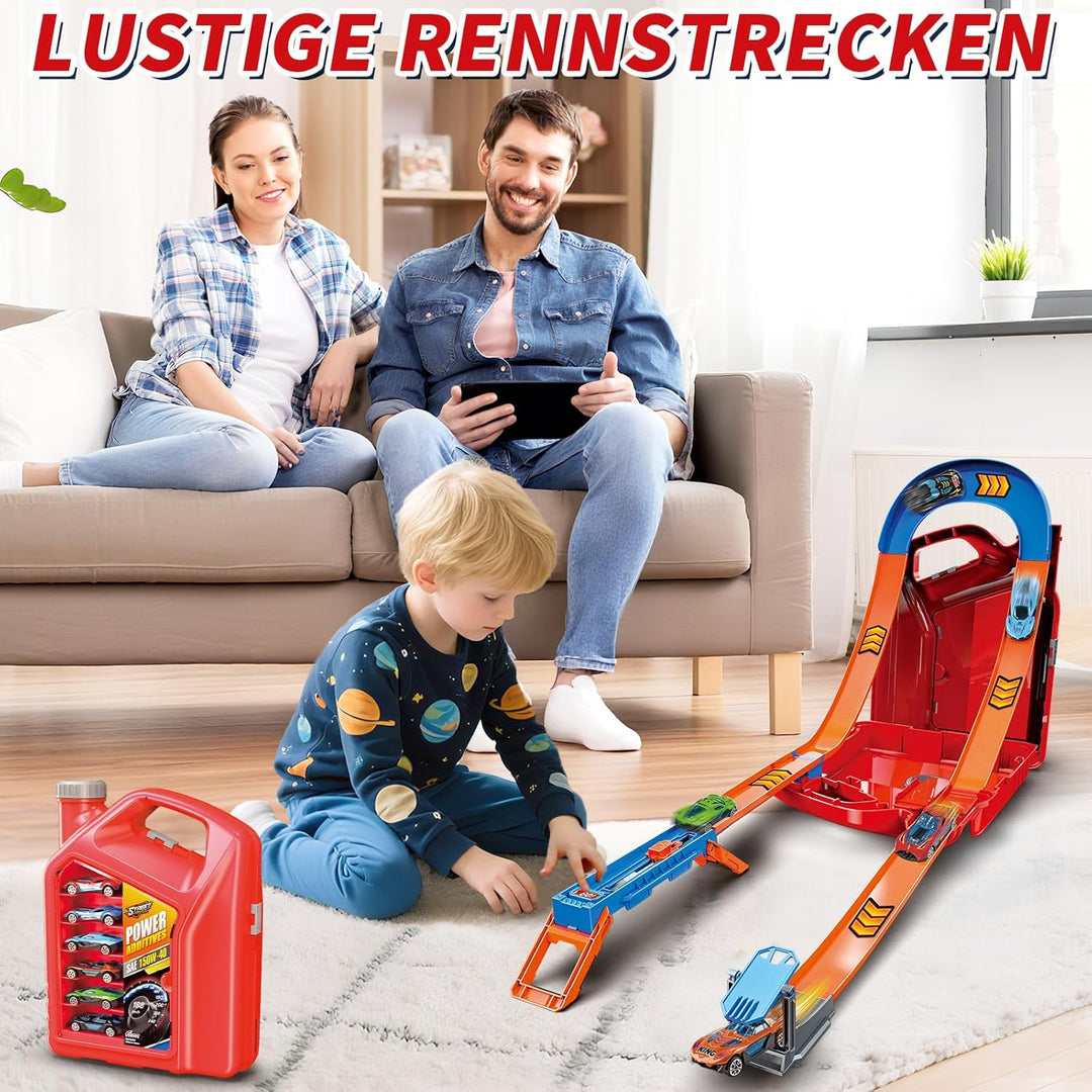 Charmofun Autorennbahn für Kinder, Rennstrecke Auto Spielzeug mit 6 Autos, Aufbewahrungsbox, Auto Re
