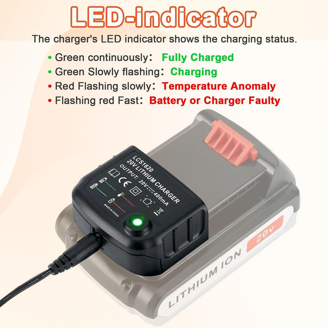 LCS1620 Ersatz Ladegerät Kompatibel mit Black &amp; Decker, 18V /20V Lithium-Akku Ladegerät für BL2018 B