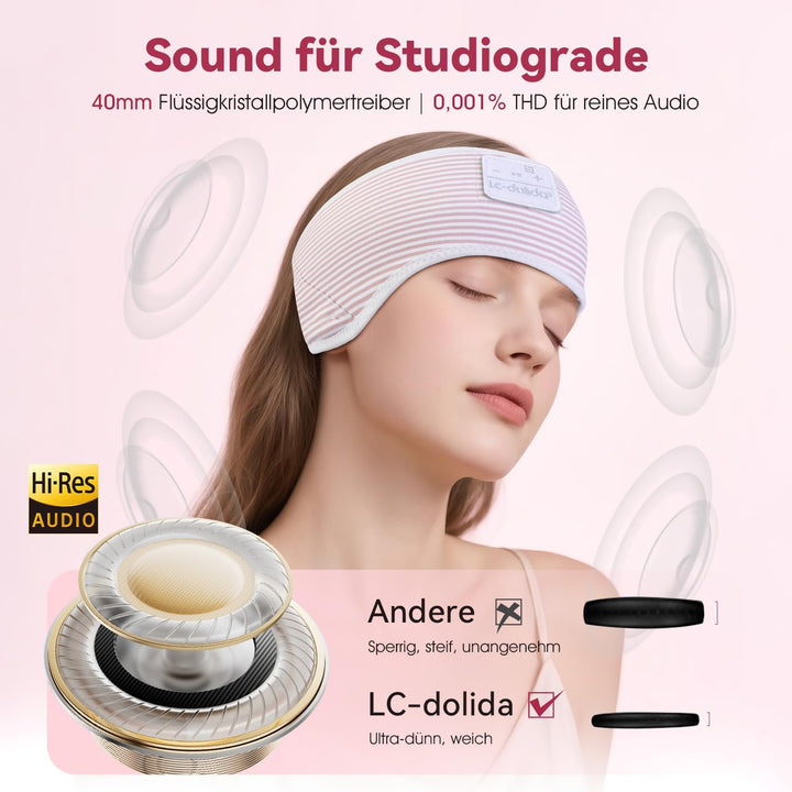 LC-dolida Schlafkopfhörer Ultra-Soft Bluetooth-Stirnband mit 4-Wege Stretch & No-Slip Yoga Stirnband