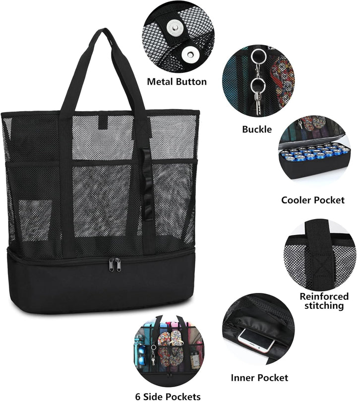 8 Taschen Tote Mesh Strandtasche Damen Gross Faltbare mit Wasserdichter Kühltasche für Spielzeugaufb