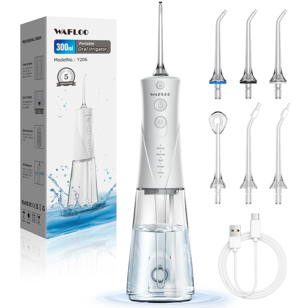 Munddusche Kabellos Water Flosser Zahnreinigung, 5 Modi, USB-C Ladefunktion, 6 Jet-Tipps, 300ML Wass