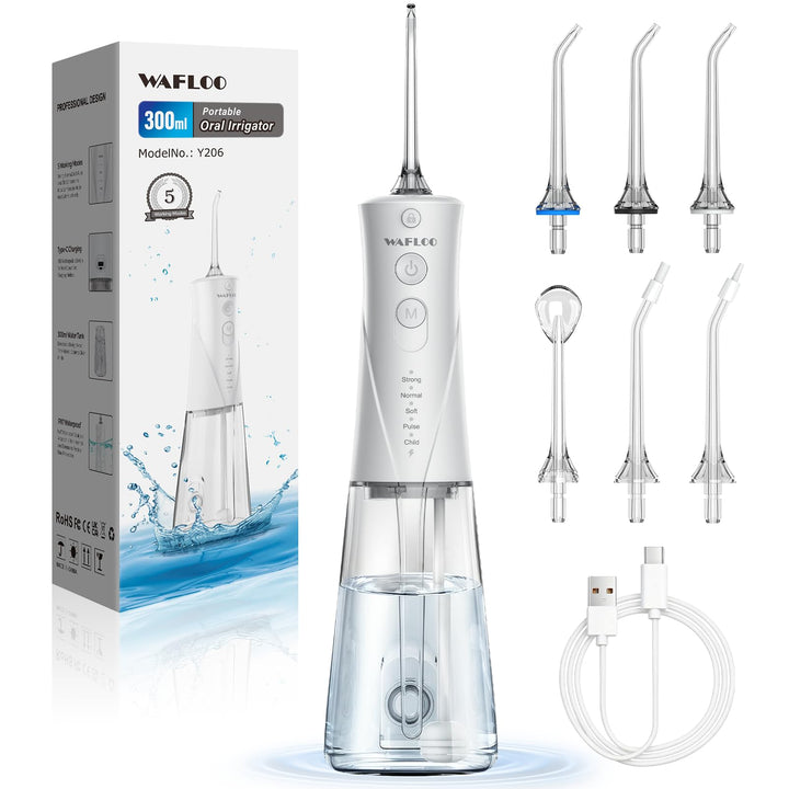 Munddusche Kabellos Water Flosser Zahnreinigung, 5 Modi, USB-C Ladefunktion, 6 Jet-Tipps, 300ML Wass