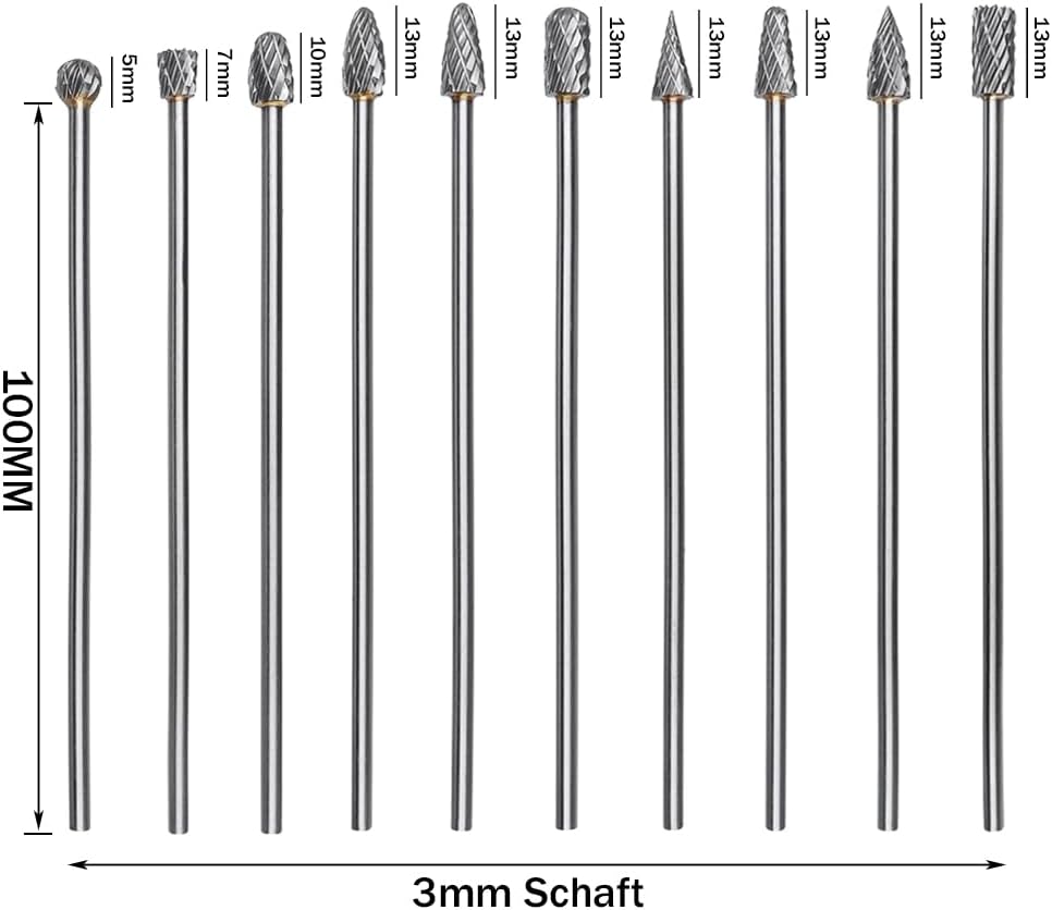 Treki 10 Stück 100mm Lang Hartmetall Frässtifte mit 3mm Schaft Wolframcarbid Fräser Fräsaufsatz für