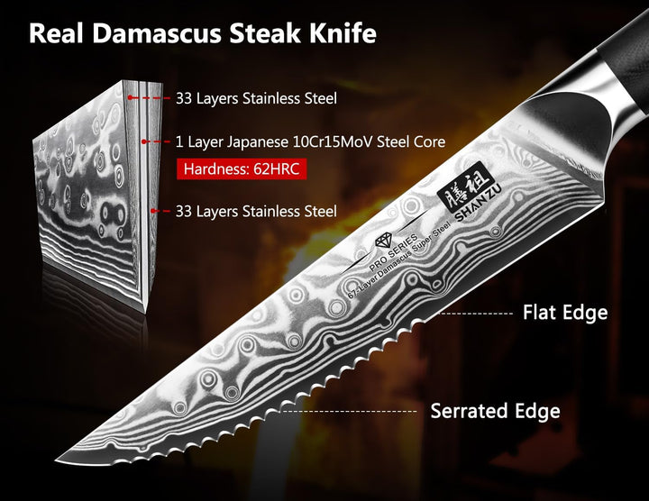 SHAN ZU Steakmesser-Set 7-teilig, 11 cm Damast-Steakmesser mit Block, japanisches Küchenmesser-Set m
