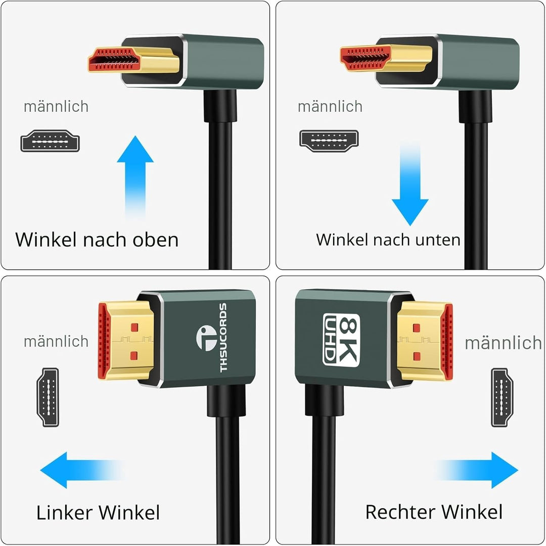 Ultradünnes 8K HDMI Winkelstecker 2.1 90 Grad Nach Oben Gewinkeltes Kabel 2M, Flexibles Schlankes ka