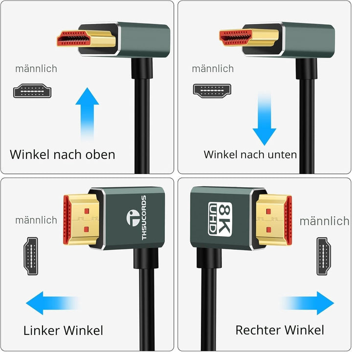 Ultradünnes 8K HDMI Winkelstecker 2.1 90 Grad Nach Oben Gewinkeltes Kabel 2M, Flexibles Schlankes ka