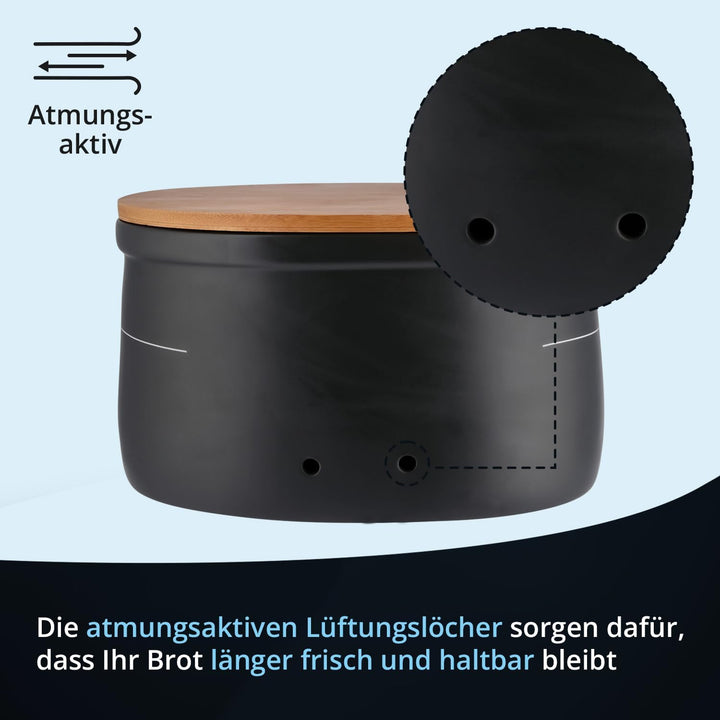 KHG Brotkasten gross Keramik Steingut Grau Anthrazit, Holz-Deckel Bambus als Schneidebrett, Brot Auf
