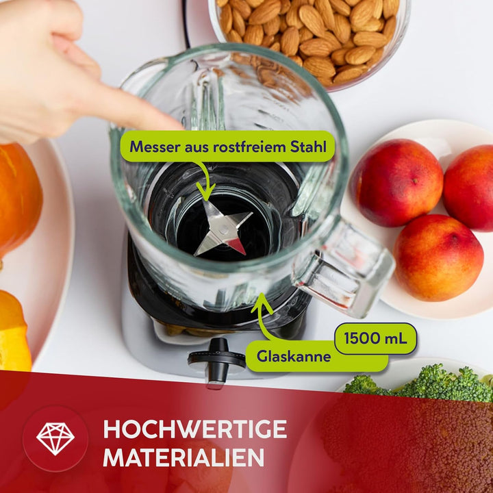 MPM Standmixer MBL-37 - Mixer Küche mit Glasbehälter 1,5L - Starker Mixer mit Edelstahlmessern 750W