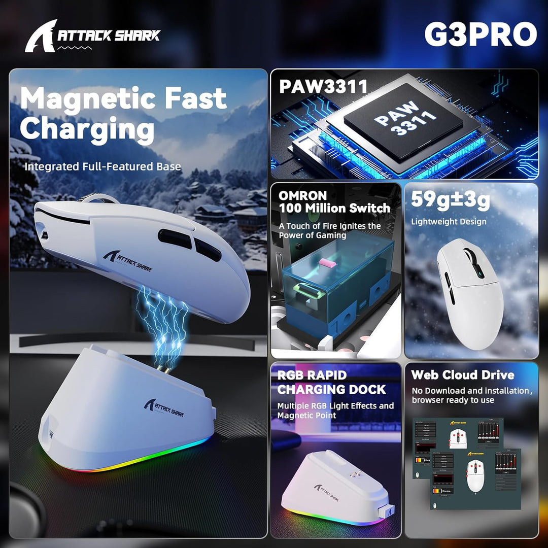 MAMBASNAKE x Attack Shark G3PRO Gaming-Maus mit Magnetischer Ladestation, BT/2.4G Wireless/Kabel, Pi