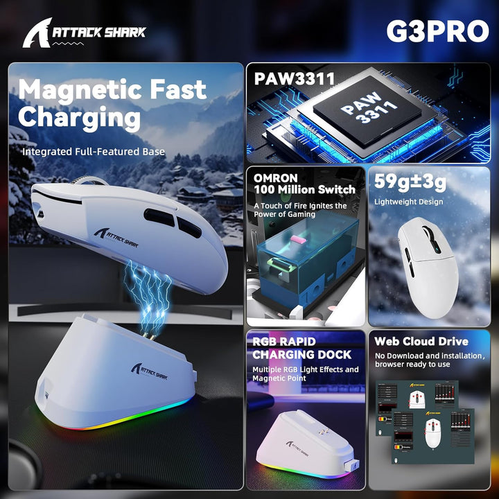 MAMBASNAKE x Attack Shark G3PRO Gaming-Maus mit Magnetischer Ladestation, BT/2.4G Wireless/Kabel, Pi