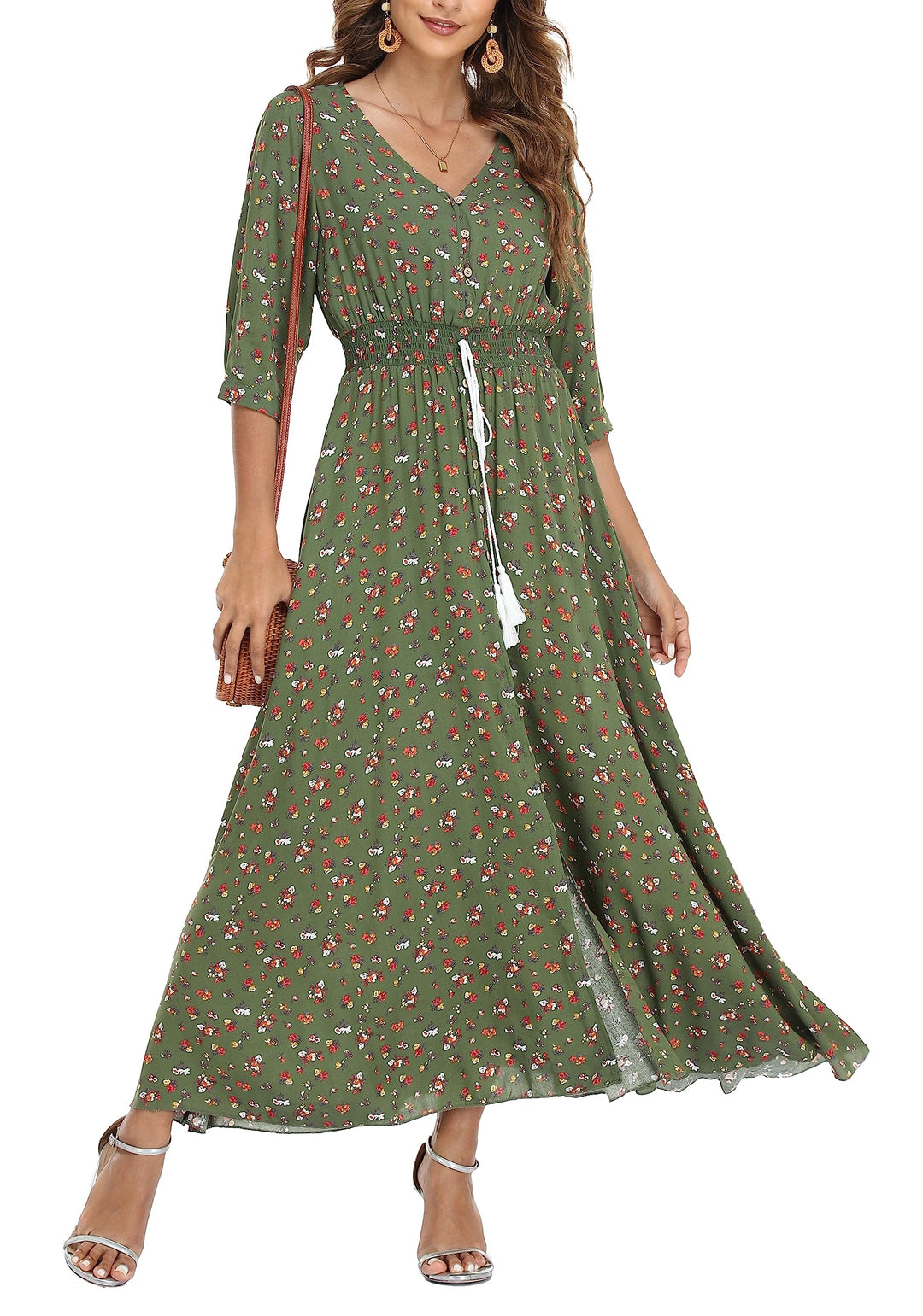 Damen Lange Split Knopf Up Sommer Maxikleid Floral Strandwear Holidy Kleid Hohe Taille mit kurzen Är