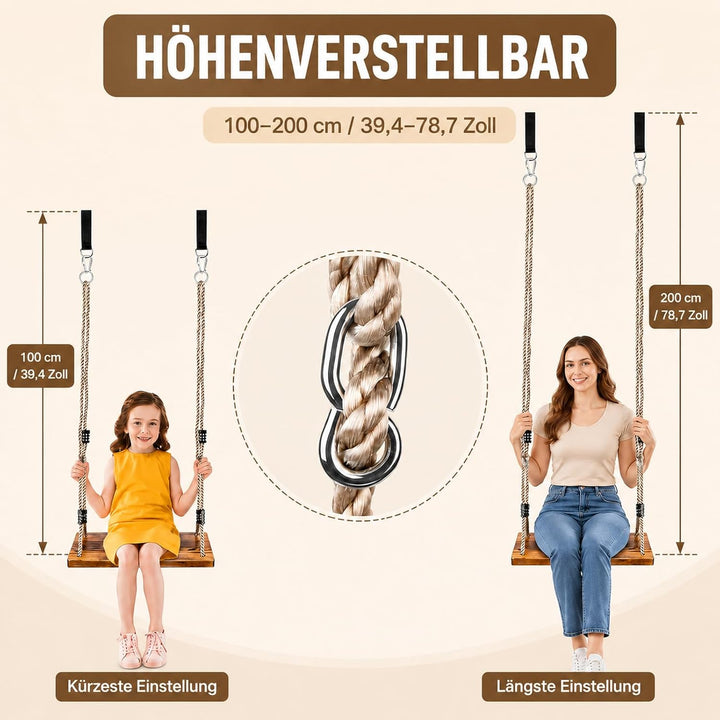 Holzschaukel für Garten &amp; Innenbereich – Schaukelsitz aus Massivholz (43x20x2,5cm) bis 200kg, Kinder