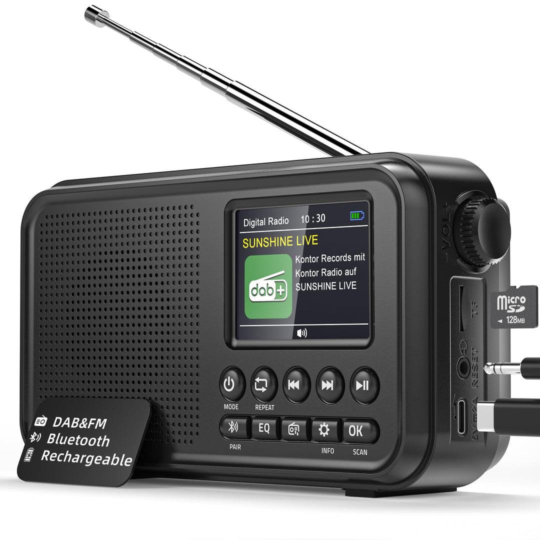 Tragbares DAB+ Radio mit Bluetooth, UKW/DAB Digitalradio mit 2,4" Farbdisplay, 80 Senderspeicher, 30