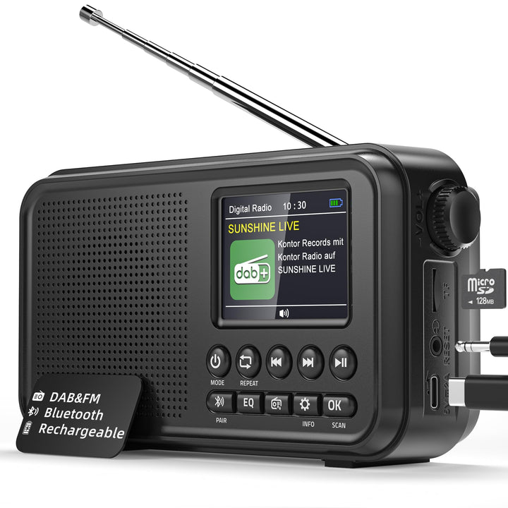Tragbares DAB+ Radio mit Bluetooth, UKW/DAB Digitalradio mit 2,4" Farbdisplay, 80 Senderspeicher, 30