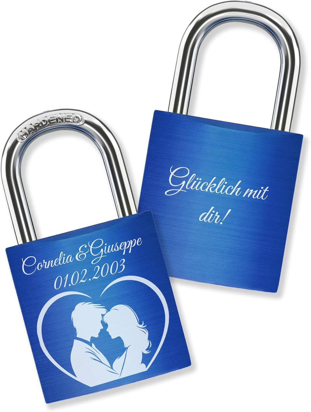 Liebesschloss mit Gravur + 2 Schlüssel - Blau - frei gestaltbar mit vielen Farben, Pärchenmotiven &amp;