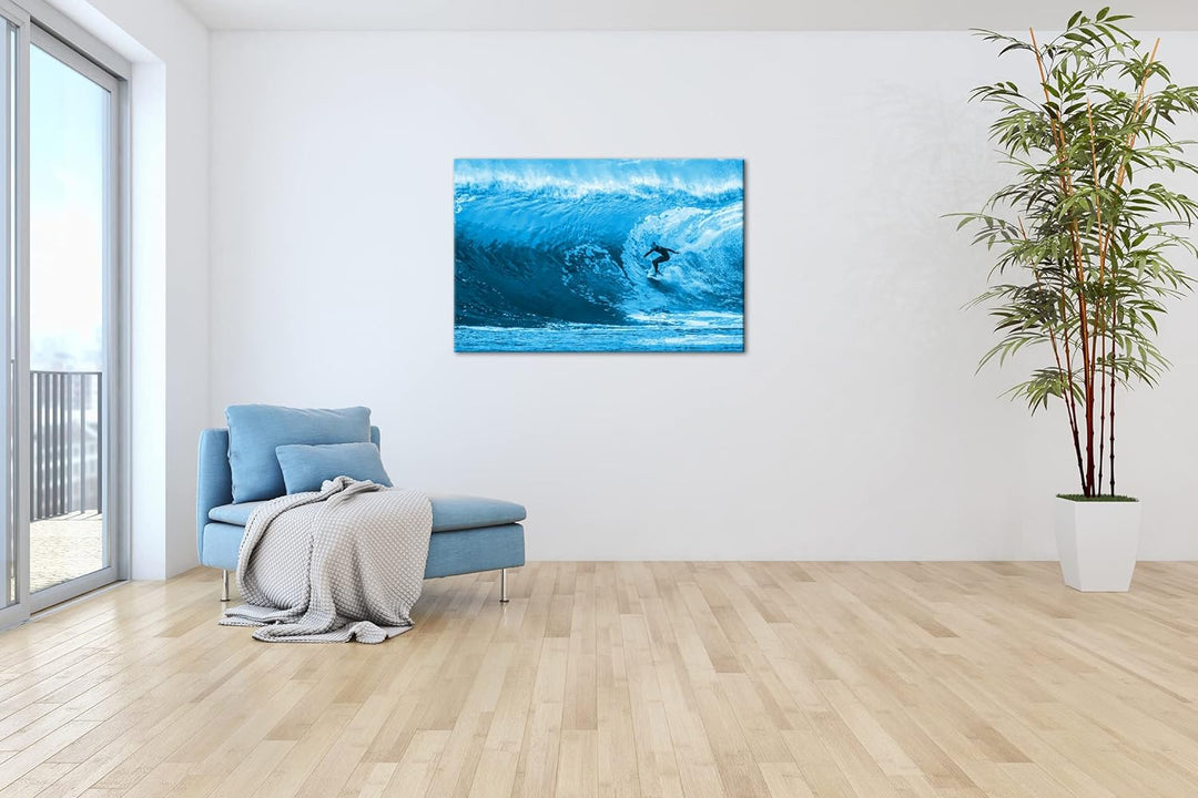 deyoli Surfer in Aktion Format 80x60 Effekt: Monocrome Blau als Leinwandbild, Motiv fertig gerahmt a