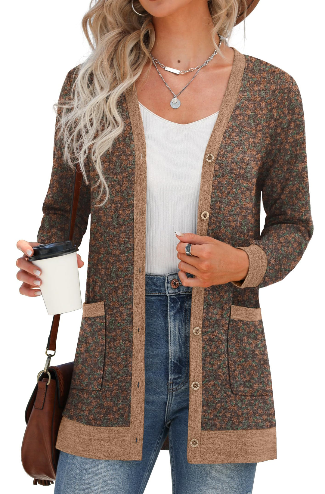 GRECERELLE Damen Lang Strickjacke Herbst Leichte mit Taschen und Knöpfen Weiche Long Elegant Gerippt