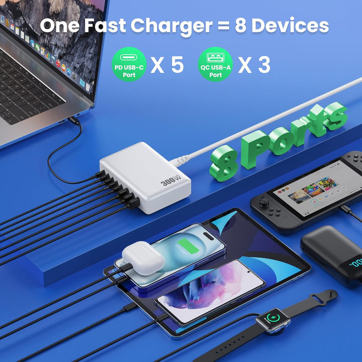 300W USB C Ladegerät Mehrfach, 8 Ports Schnellladegerät Ladestation Mit 5 USB-C und 3 USB-A Charger