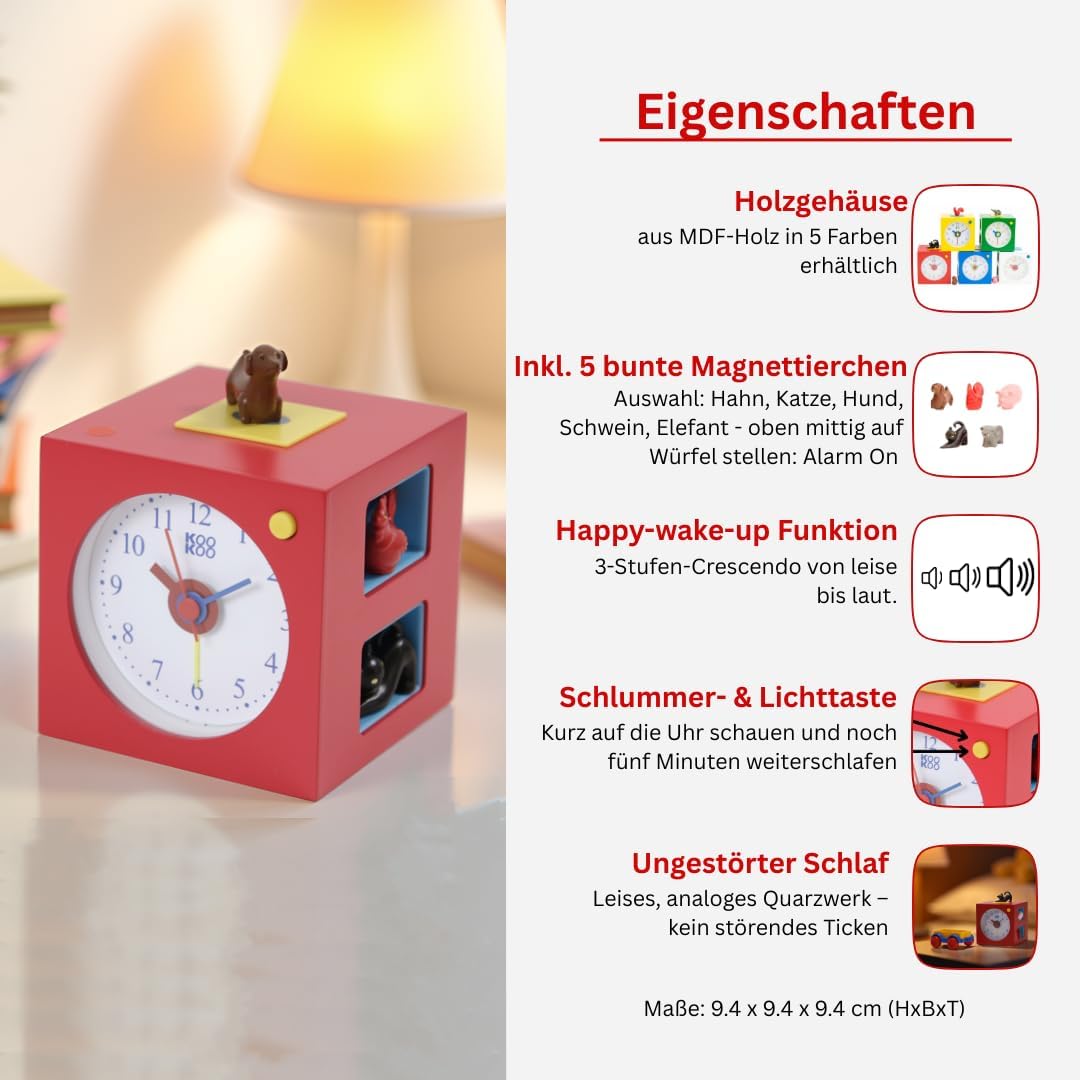 KOOKOO KidsAlarm Rot, Kinderwecker mit 5 Bauernhoftieren und echten Aufnahmen, Rot