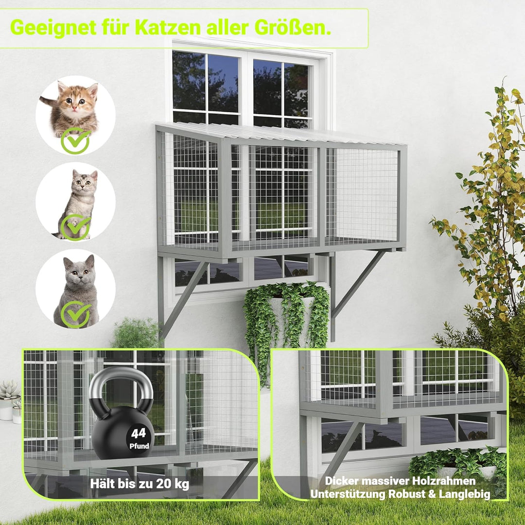 Outdoor Katzenfenster Catio aus Holz – Wetterfester Katzen-Fensterkasten mit verzinktem Drahtgitter