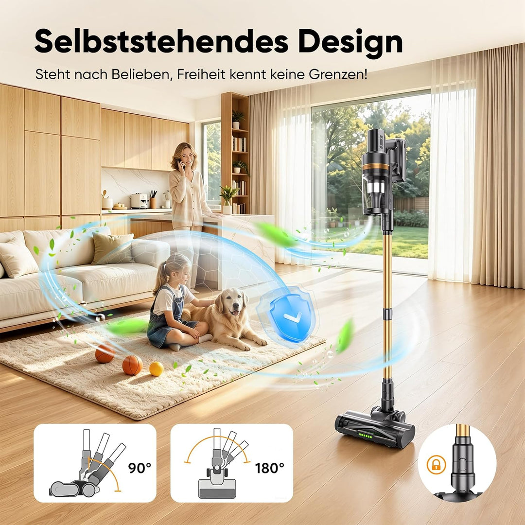 Akku Staubsauger, 650W/65000Pa/75Min, Kabelloser Stielstaubsauger mit Smart LED Display, Selbststehe