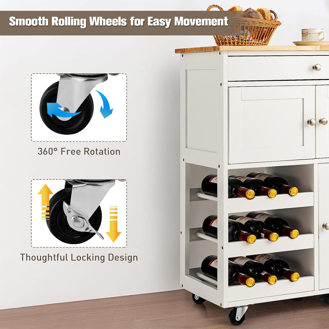 FANTASK Servierwagen auf Rollen, Küchenwagen mit Schubladen &amp; 3-stöckigem Weinregal &amp; Arbeitsplatte,