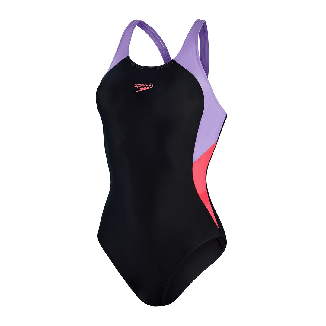 Speedo Damen Schwimmanzug Colourblock Splice, 42 Black/Miami Lilac/Rasberry Fil