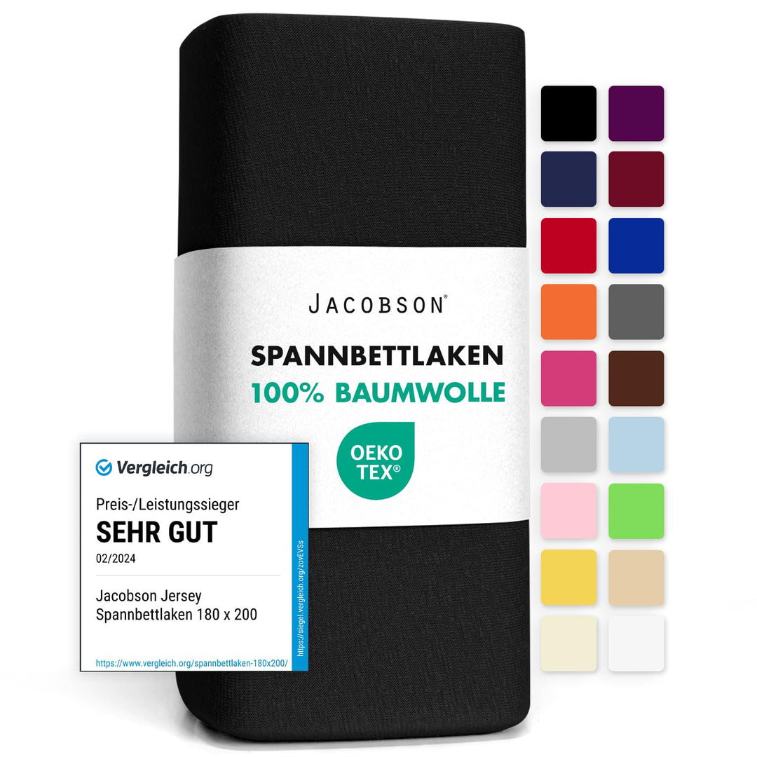 Jacobson Jersey Spannbettlaken Spannbetttuch Baumwolle Bettlaken (180x200-200x200 cm, Schwarz) 180x2