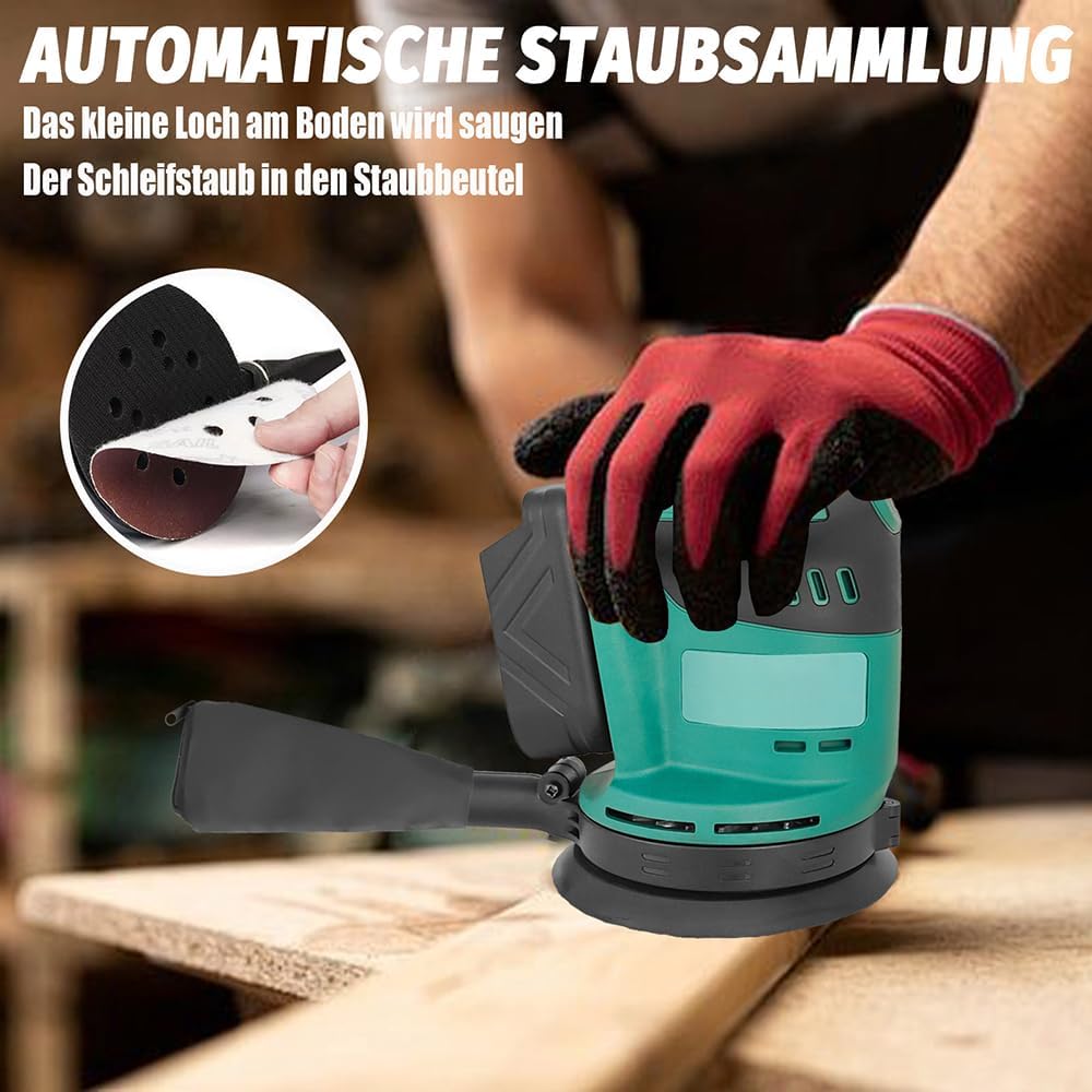 Akku-Exzenterschleifer,Ersatz für Makita 18V BL1830,3 Gänge 7500-15000RPM,12 pcs Schleifpapier (Körn