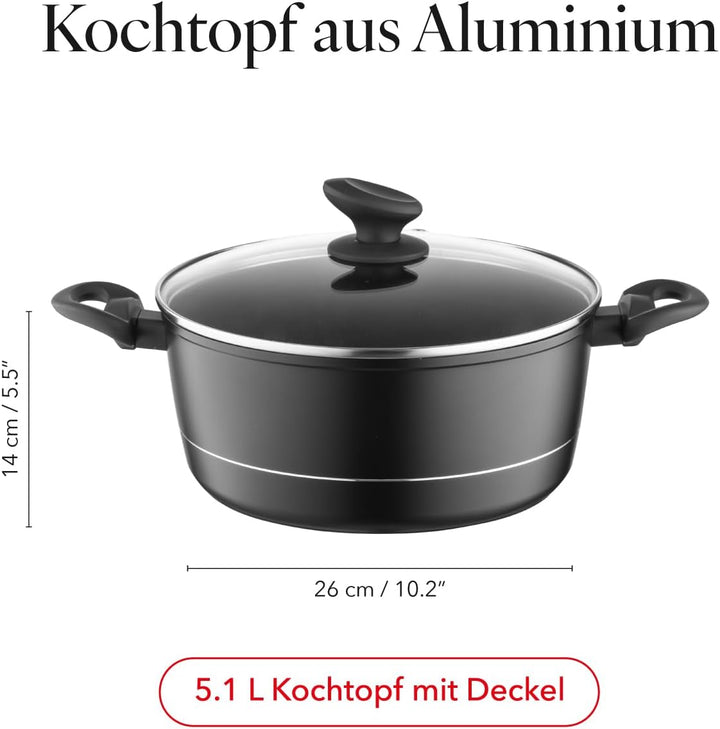 FLORINA Aluminium Topf (5,1 l) 26 cm I Kochtopf DELUX mit Glasdeckel I Messbecher &amp; Antikratz-Beschi