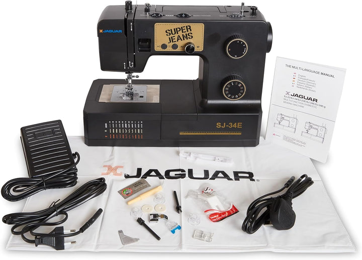 Jaguar SJ-34E Robuste Nähmaschine für dicke Stoffe | 34 Stiche | Elektronik | Erweiterungstisch | Au