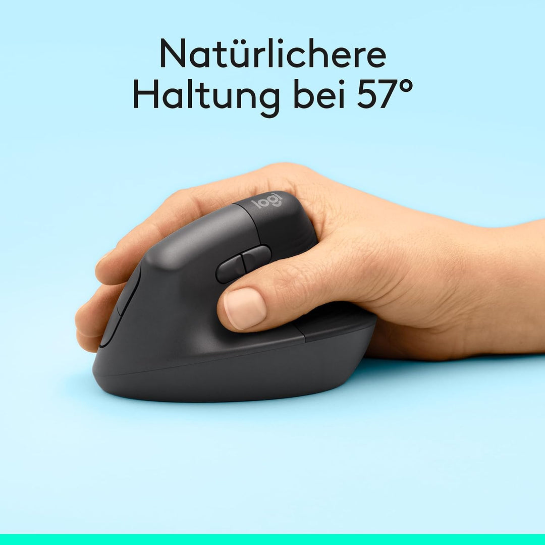 Logitech Lift Vertikale Ergonomische Maus, Kabellos, Bluetooth oder Logi Bolt USB-Empfänger, Leise K